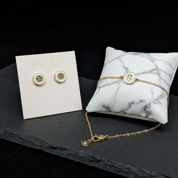 Tory Burch white enamel gold icon 2 piece set - Picture 1 of 6